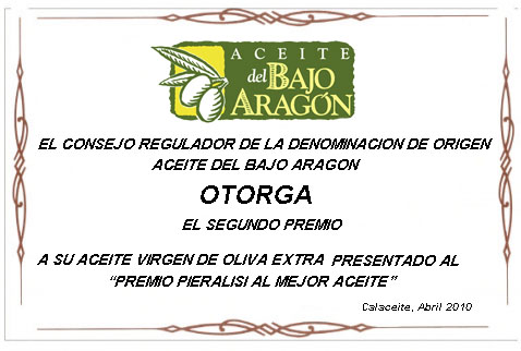 segundo premio al mejor aceite del Bajo Aragón 2010