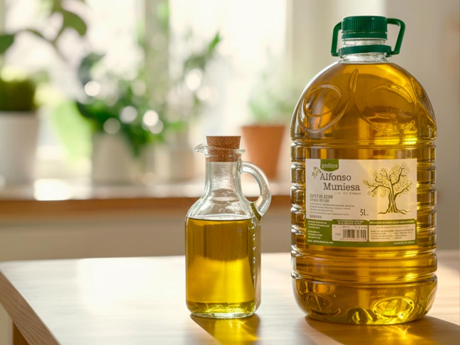 garrafa 5 litros de arbequina y aceitera con aceite trasvasado.