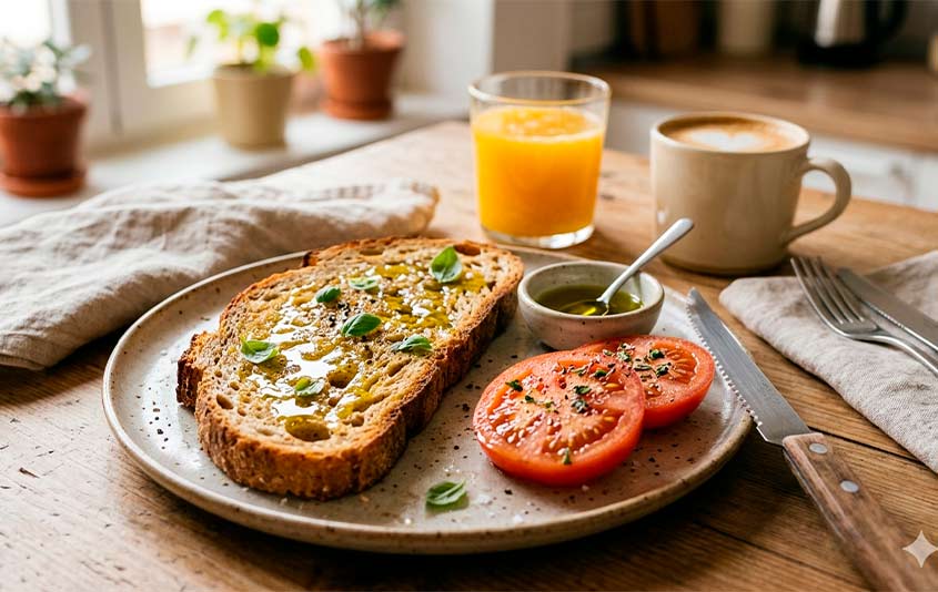 tostada con aceite de oliva virgen extra en desayuno saludable
