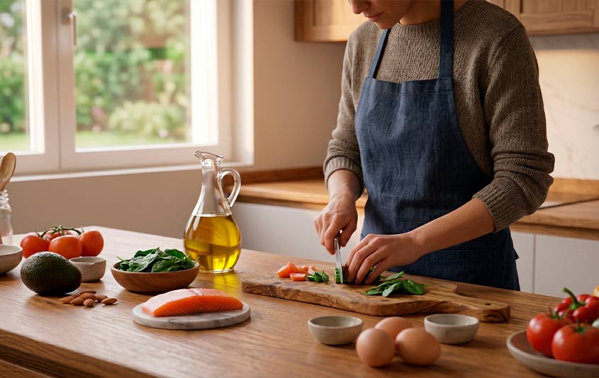 preparación de receta saludable con aceite de oliva virgen extra en cocina moderna Plato típico mediterráneo con aceite de oliva virgen extra