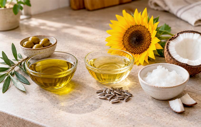 Aceite de oliva virgen extra y aceite de girasol para cocinar verduras