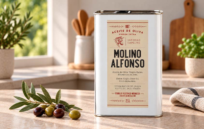 Lata de AOVE Empeltre Molino Alfonso junto a aceitunas y una rama de olivo